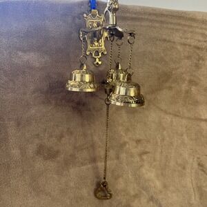 Vintage Triple Brass Bells Wind Chime or Shop Bell Chain Animal‎ Etchings